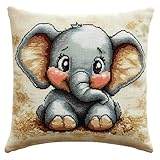 NAHUIGOOD Stick Kit Diy Kissen Kit Kissen Cover Bastelset Tierisches Elefantenbaby 45X45Cm Diy Kissenbezug Für Erwachsene Anfänger, Handnäh Stickset Mit Blumenmustern