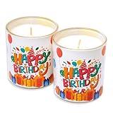 Candelo 2er Set hochwertige Geburtstagskerzen – Happy Birthday Kerze – 8 x 7cm - 30 Std Brenndauer – Windlicht ohne Duft Geburtstag Glaskerze - Kindergeburtstag Dekoration