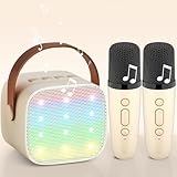 Karaoke Maschine mit 2 Drahtlosen Mikrofonen, Wowstar Tragbares Bluetooth Karaoke Maschine für Kinder Erwachsene mit Stimme wechselnde Effekte & LED-Lichter Jungen Mädchen Geschenke Heimparty(Beige)