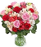 Blumenstrauß Rosenwunder, Rosen und Inkalilien, Rot, Weiß, Rosa, bis zu 60 Blüten, 40-50cm Länge, Qualität vom Floristen, handgebunden, perfekte Geschenkidee bestellen