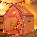 Strixorn Kinderzelt Spielhaus Indoor, Rosa Prinzessin Kinderspielhaus in Form eines Hauses120x100x130cm mit 3m Sternenlichtern für Zimmer, Spielzelt Kinder für Mädchen 3-12 Jahre