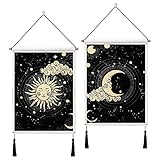 Betylifoy 2 Stück Mond und Sonne Wandteppich mit Quasten Tarot Schwarz Banner Wandbehang Tapisserie Bohemian Psychedelisch Wandkunst Dekor für Schlafzimmer Wohnzimmer