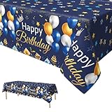Xinvery Party Tischdecke Blau Gold, Happy Birthday Tischtuch Luftballons Stern Rechteck Wasserdicht Dünn Plastic Tischtuch für Party Geburtstag Dekorationen 137 x 274cm