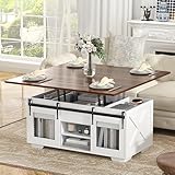 VOWNER Couchtisch Höhenverstellbar, 3-in-1-Multifunktions-Wohnzimmertisch mit Versteckter Aufbewahrung, Couchtisch Umwandelbar in Wohnzimmer-Esstisch, Bauernhausstil (Walnussfarbe mit Holzmaserung)