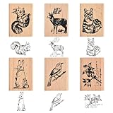6 Stück Holz Tierstempel, Pflanze Tiere Gummistempel aus Holz, Waldtiere Stempel-Set mit Tiere und Pflanzen-Waldmuster, Süßes Tiere Stempel Vintage für Scrapbooking Bastelmarken Dekorative Siegel