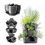 KADAX Pflanzturm, Vertikaler Kräutergarten aus robustem Kunststoff, 3L/9L Säulentopf, Vertikaler Garten für Balkon, Terrasse, Stapelbare Pflanztöpfe (Stehend 3, Graphit)