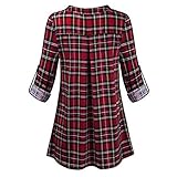 Tuniken Für Damen Sommer Karierte Hemdbluse Damen Lang Langarm Blusenshirt Mit 1/4 Zip V-Ausschnitt Zipfelshirts Locker Freizeitbluse Große Größen Longbluse Vintage Blusehemd Kariertes-Hemden