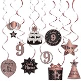 SZHUIHER Happy 9th Birthday Hängende Wirbel Bachläufe Deckendekorationen Feier 9 Folie Hängende Wirbel mit Aussparungen für 9 Jahre alt Roségold Geburtstag Party Dekorationen Supplies