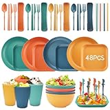 YUTUY 48 Teiliges Unzerbrechliches Geschirr Set,Wiederverwendbar Camping Geschirr Set für 4 Personen Picknickgeschirr,Geschirrsets aus Kunststoff,Plastikgeschirr mit Tellerset,Schüssel,Becher