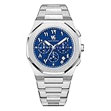 R&M ORIENT Herrenuhr Chronograph mit arabische Ziffer Edelstahl Quarz Saphirglas Leuchtzeiger Stoppuhr Große Armbanduhr Männer Wasserdicht arabischer Kalender Datum (Babylon, Silber – Blau Tapisserie)