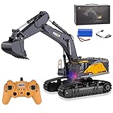 HNR 22-K 1:14 ferngesteuertes Baggerspielzeug mit Metallschaufel, dreht sich um 680 Grad, RC-Bagger, 2,4 GHz, Beleuchtung, Soundeffekte, verbessertes Aufladen für Kinder, automatisches Graben für