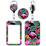 BKBKAAK Flamingo-Ausweishalter mit Spule, cooler Flamingo und tropisches Blatt-Design, transparente Ausweishülle, Metallclip für Schlüssel, Ausweis, modischer schwarzer Kartenhalter für Frauen, Lehrer