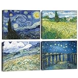 BINCUE 4PCS Vincent Van Gogh Deko Sternennacht Wandkunst auf Leinwand Ölgemälde Wandbild Abstrakte Landschaft Bilder für Wohnzimmer Blau Impressionismus Wanddeko Weizenfeld mit Zypressen 25x20CM
