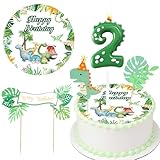 Dinosaurier Tortendeko Essbar Junge 5 Stück, Tortenaufleger Dino mit Dino Geburtstagskerzen Zahlen 2 und dino Cake Topper, dino Geburtstag Deko 2 Jahre, Junge Geburtstag Deko