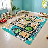 QUNKAKU Spielteppich Straße, Autoteppich für Spielzeugautos, Kurzflorig und Waschbar, Kinderteppich Straßenteppich Ideal für Das Kinderzimmer von Jungen und Mädchen(80×150cm)