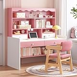 Computertisch aus Holz mit Stauraum, Bücherregal und Schubladen, rosa Bürotisch für Zuhause, Büro, Arbeitszimmer, Gaming-Schreibtisch, PC, Laptop, Arbeitsplatz – 120 x 48 x 154 cm