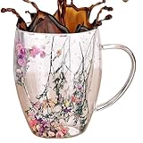 FVPKYUR 8,5x11,5cm 350ml Blume Kaffeetasse Aus Glas, Kaffeetassen Mit Getrockneten Blumen, Blumen Doppelschicht Glasbecher, Blume Doppelwand Glas Kaffeetasse, Blume Teetasse Mit Griff