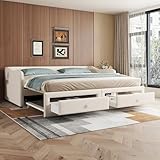 Daybett mit Ausziehbarem Bett und Schubkästen, Schlafsofa, Einzelbett aus Leinen und MDF, Minimalistisches Design, Stauraum,