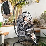 LKINBO Polyrattan Hängesessel mit Gestell Outdoor Indoor, Korb Hängestuhl Rattan Hanging Chair Wetterfest Hängeschaukel Gartenschaukel bis 195 kg, Dunkelgrau