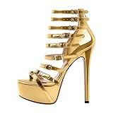 Only maker Damen Schaftsandalen Plateau Sandaletten High Heels Riemchen Sandalen mit Schnallen Lackoptik Gold 40 EU