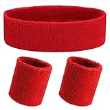 Yolev 3 Stück Schweißband Set Rot Sport Stirnband Schweißbänder Handgelenk Herren Damen 80er 90er Jahr Outfit Schweißbänder Absorbierendes Accessoires