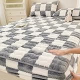 Flanell-Spannbetttuch, Milchsamt, Karierter Matratzenbezug, Atmungsaktiv Matratzenauflage Bettlaken, Passend für Matratzen Bis 30cm Dicke(Gray,90 * 200cm)