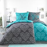 BaSaTex Microfaser Partner Bettwäsche mit Wendemotiv | 2X 135x200 Bettbezug + 2X 80x80 Kissenbezug | Mikrofaser Bettwäsche Set 4 teilig für Paare | Design: Ornaments Hearts Turquoise