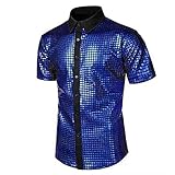 Hemd Glitzer Herren - Mode Frühling Und Sommer Casual Kurzarm Print Top Pailletten Schnalle Shirt (Blue XXXL)