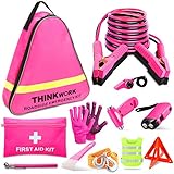 THINKWORK Pannenset Auto Rosa für Frauen, Pink-Pannenwerkzeugsets-Kit mit Erste-Hilfe-Kit, Sicherheitshammer, und idealeres Pink Autozubehör Tool