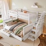 Arhatreya Etagenbett 90/140x200 cm, Kinderbett mit Schubladen, Stockbett mit Stauraum, Holzbett mit Treppe, Bettgestell mit Lattenrost, Bett für Kinder Jugendliche (Ohne Matratze) Weiß