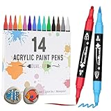 VynyQoo 14 Farben Acrylstifte Set, Acryl Stifte Steine Wasserfest, Acrylic Marker mit 0.5cm Doppelspitze, Acrylfarben Stifte für Holz Glas Stoff, Steine Bemalen für DIY Ostern Basteln