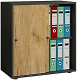 VCM Holz Büroschrank Ordner Aktenschrank Büromöbel Schrank Lona 2-Fach Schiebetüren Anthrazit/Honig-Eiche