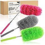 com-four® 3X Chenille Staubwedel mit Teleskopstange - Staubwischer mit biegsamem Kopf in modernen Farben (003 Stück - rot/grün/grau)