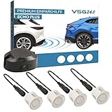 VSG24 Premium Einparkhilfe hinten zum nachrüsten am Auto, PDC Parksensoren hinten mit Stecksystem für einfachste Montage Rückfahrwarner mit Lautsprecher & 4 Sensoren Parkhilfe Nachrüstsatz Weiß
