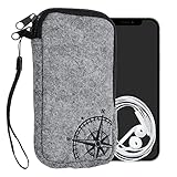 kwmobile Handytasche für Smartphones L - 6,5' - Handy Filztasche - Kompass Vintage Schwarz Hellgrau - 16,5 x 8,9 cm Innenmaße