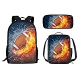 Tomeusey Schulranzen Sets, Mädchen Rucksack und Lunchbox Stifteetui 3 Packungen für Schule Reisen, Fire Water Rugby, Einheitsgröße