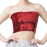 Fashion Mardi Holiday Damen-Oberteil mit funkelnden Pailletten, Stretch, Clubwear, bauchfreies Oberteil für Damen, rot, Einheitsgröße