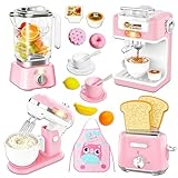 Kinderküche Zubehör Set - Inkl. Kinder Kaffeemaschine mit Sound & Lichtern, Mixer, Entsafter, Toaster, Obst, Geschirr und Schürze, Spielküche Zubehör Kinder