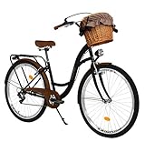 Milord. 28 Zoll 7-Gang, schwarz- braun, Komfort Fahrrad mit Korb und Rückenträger, Hollandrad, Damenfahrrad, Citybike, Cityrad, Retro, Vintage
