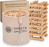 Wäscheklammerbeutel inklusive 50 Wäscheklammern aus Holz – Klammerbeutel aus 100% Baumwolle mit extra großen Karabinern zum Aufhängen - Wäscheklammerkorb mit Verschluss