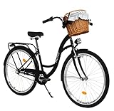 MILORD Damenfahrrad Citybike Komfort Mit Weidenkorb Hollandrad Vintage Fahrrad, 26, 28 Zoll, 3-Gang (Schwarz, 26 Zoll)