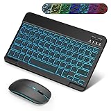 SOPPY Bluetooth Tastatur & Maus mit Hintergrundbeleuchtung,Tragbare wiederaufladbare kabellose Tastatur & Maus kompatible mit Pad/Sam-Sung/Android/Windows, DE QWERTZ Layout, Schwarz Beleuchtet