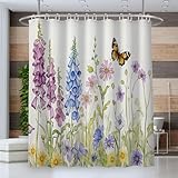MULERN Wildblumen Schmetterlinge Duschvorhang 240 x 200 cm, Duschrollo für Badewanne Aquarell, Shower Curtains Mit 12 Haken, Duschvorhang Waschbar Wasserdicht, Duschvorhänge Polyester Stoff