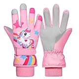 Kinder Winter Skihandschuhe Wasserdicht Snowboard Handschuhe Anti-Rutsch Plüsch Gefüttert Warm Rosa Einhorn Handschuhe für Mädchen Jungen 5-7 Jahre alt