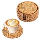 Rattan Untersetzer Set mit Halter - 6er Set Glasuntersetzer Tischuntersetzer Korkuntersetzer Rund für Getränke, Tassen, Bar - Dekorative - Glas untersetzer Set Holz