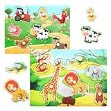 HENGBIRD 2 Stück Holzpuzzle Kinder, Steckpuzzle Holz, Holzpuzzle Holz Puzzle, Bauernhof Dschungeltiere Holzspielzeug, Montessori Lernspielzeug für Baby Junge Mädchen