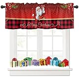 Tokusyou Weihnachten Scheibengardine Gardinen Deko Weihnachtsgardine Rot Vorhang Der Weihnachtsmann Kariert Muster Blickdicht Bistrogardinen für Küche Schlafzimmer B 137 × H 45 cm