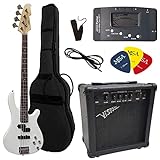 ELEKTROBASS - SET - WEIß - E-BASS - GIGBAG-TASCHE - GURT - VERSTÄRKER 45 WATT - STIMMGERÄT - 3x PLEKTREN - KABEL - VISION SOUND GITARRE - LONG SCALE - JB8W