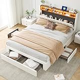 Generisch Polsterbett Doppelbett 140x200 cm, LED-Bett mit 4 Schubladen, Kopfteil mit Stauraum und USB-Anschlüssen, Bett mit Stauraum und Lattenrost, Stauraumbett Jugendbett ohne Matratze, Samtbeige