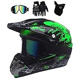 AMITD Motorrad Crosshelm Schwarz Grün Motocross Helm Set mit Brille (4 Stück), Fullface MTB Helm Kinder Cross Helm Motorradhelm Fahrrad Enduro Downhill BMX Off Road ATV, Green, M(54~55)